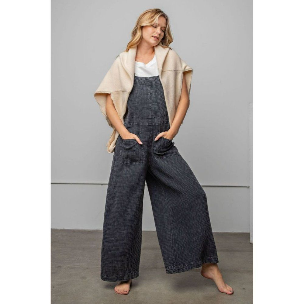 EASEL Washed Black Cotton Jumpsuit Overalls Wide Leg Pants Boho New EB41075 - Picture 4 of 5